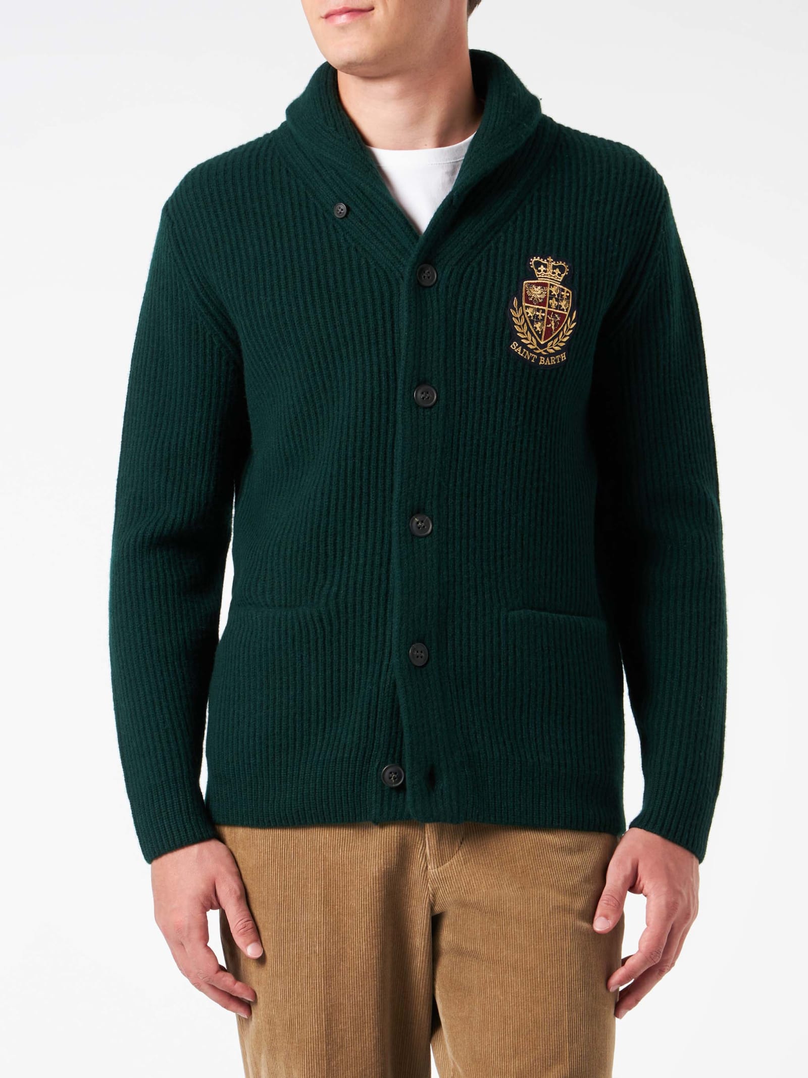 Shop Mc2 Saint Barth Man Shawl Collar Green Ribbed Cardigan With Pockets And Patch