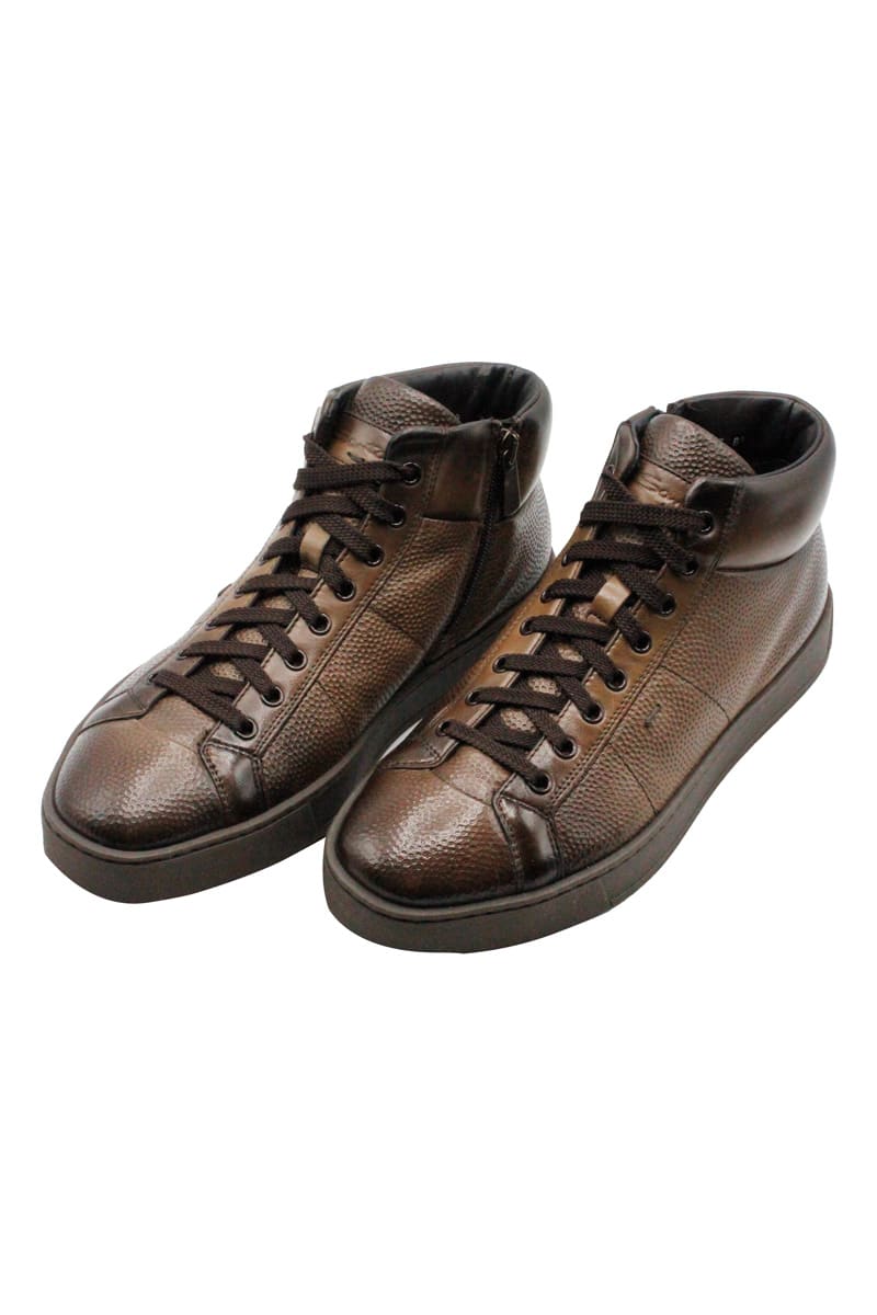 Santoni High Sneacker In Leather With Side Zip In Very Soft Antiqued Tumbled Leather