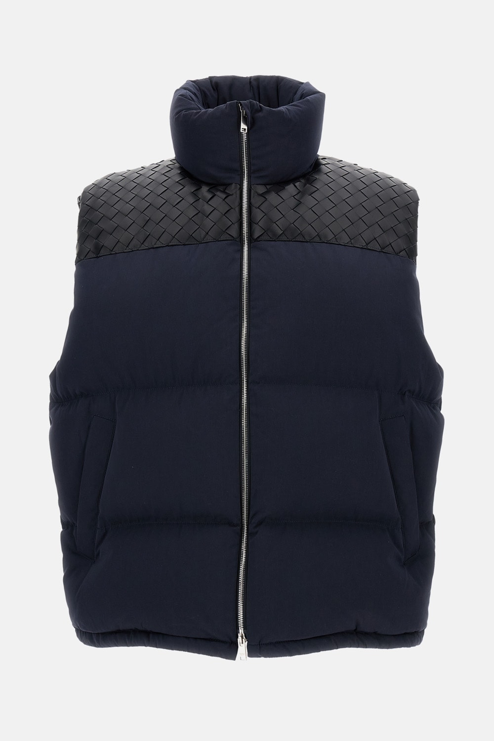 Bottega Veneta Padded Vest With Intrecciato Leather Details In Blue