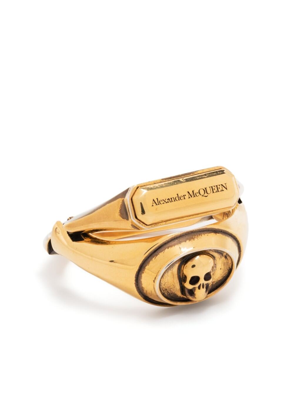 ALEXANDER MCQUEEN GOLD-COLORED DOUBLE RING WITH SKULL DETAIL AND EMBOSSED LOGO LETTERING IN BRASS WOMAN