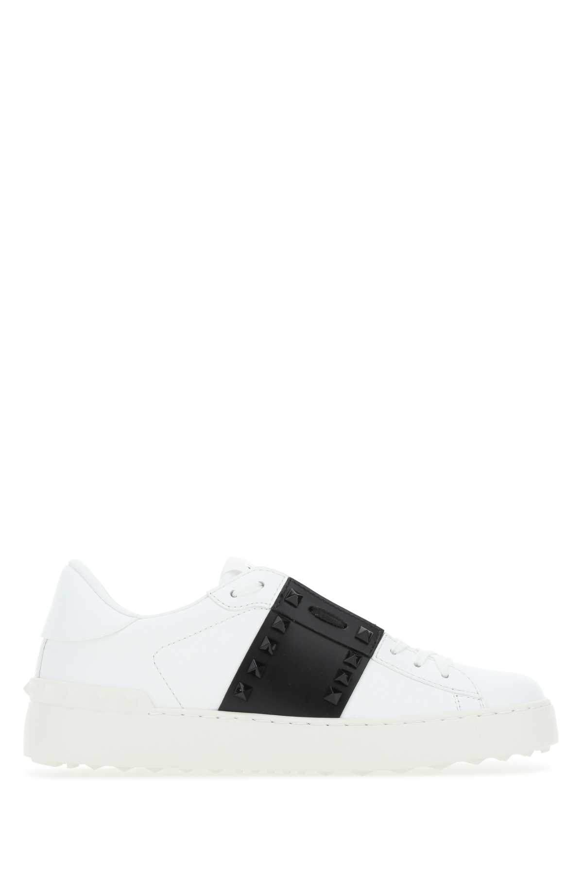 Shop Valentino White Leather Rockstud Untitled Sneakers With Black Band In Bianconerobianco