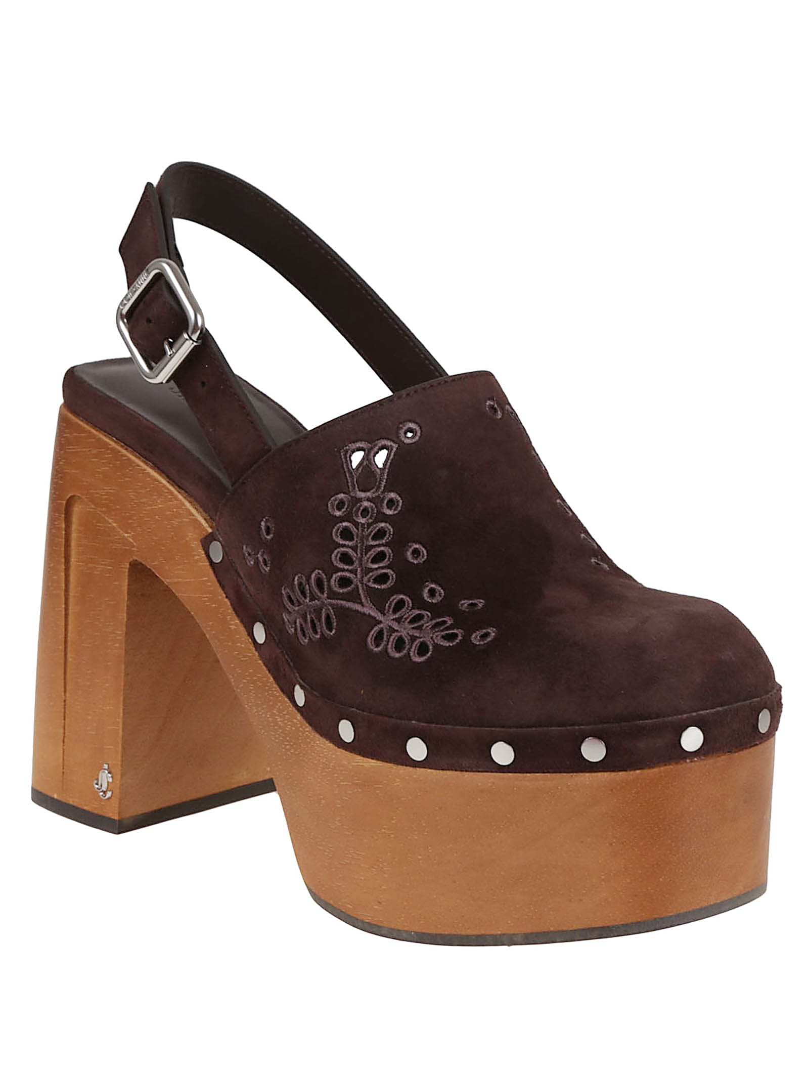 Jimmy Choo Chunky Heel Embroidered Studded Clog In Brown