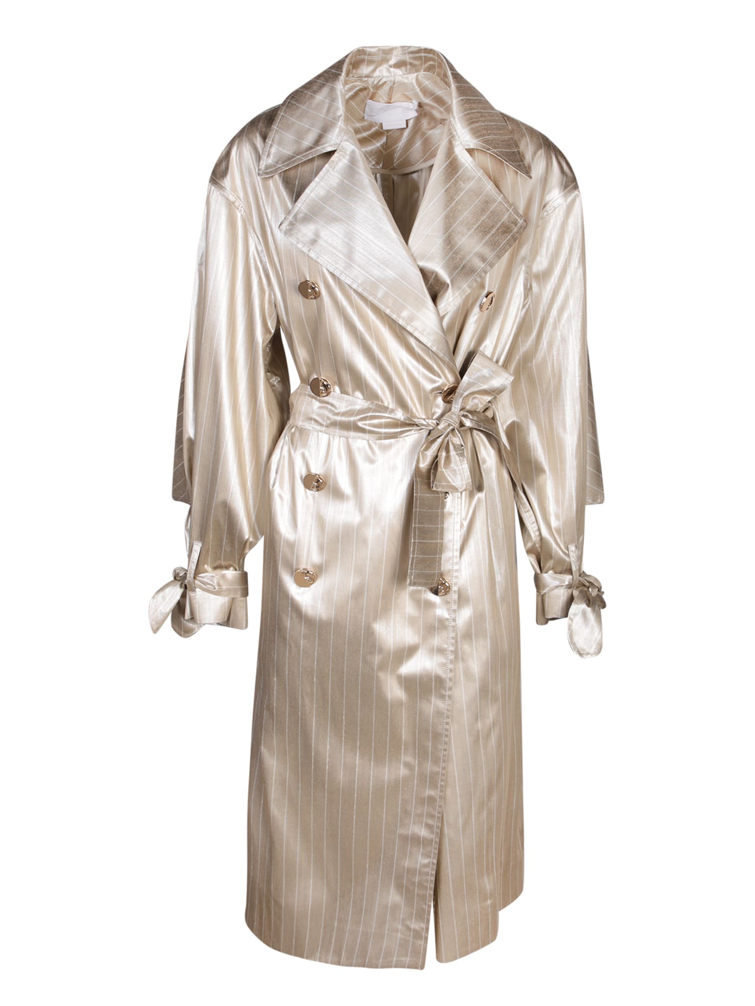 Shop Genny Striped Satin Sand Trench Coat In Beige