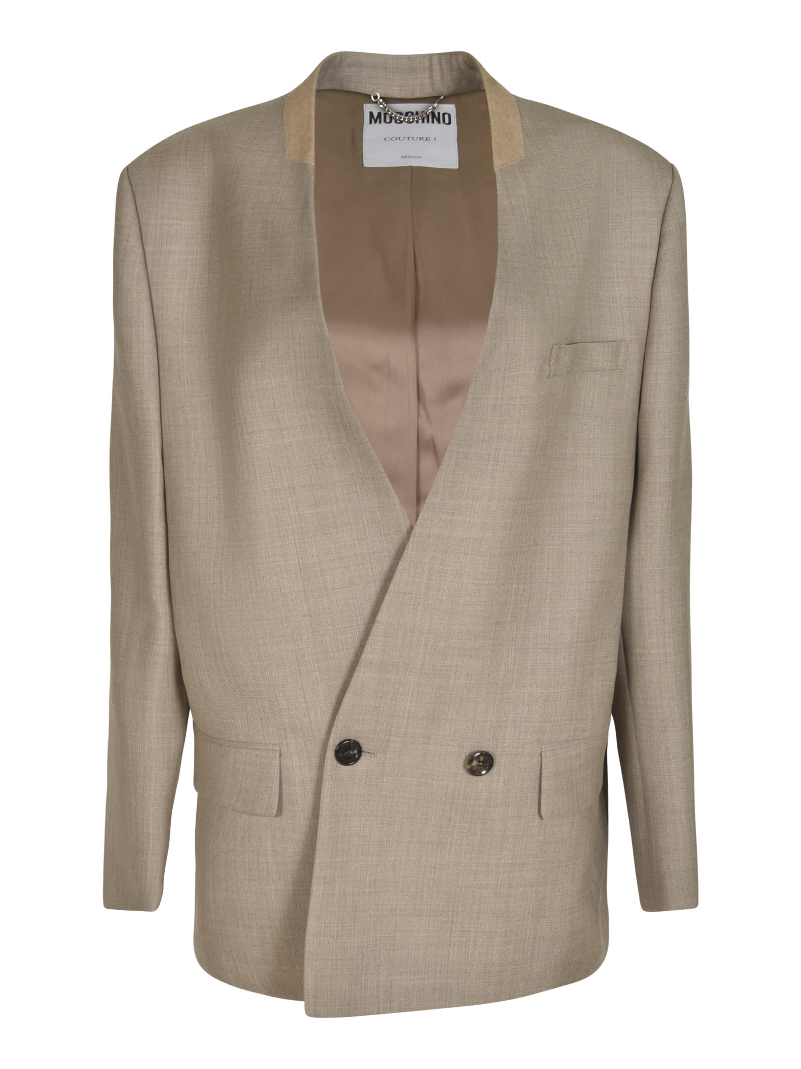 Shop Moschino Deep V-neck Double-breasted Dinner Jacket In Beige