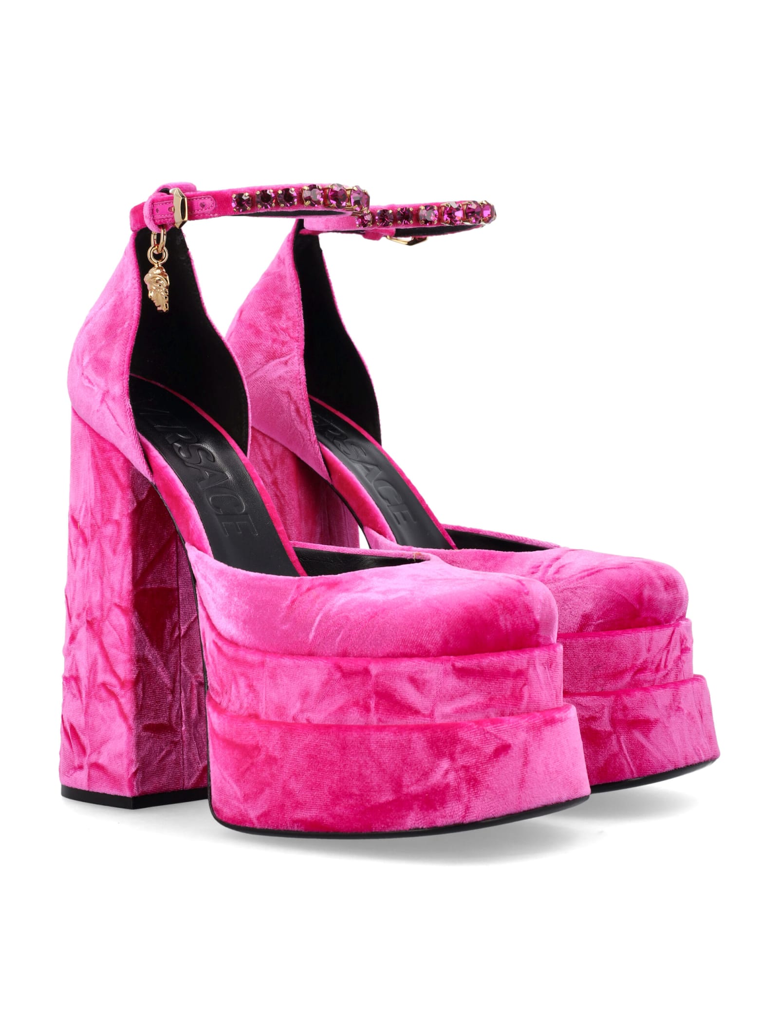 Versace Medusa Aevitas Velvet Platform Pumps In Glossy Pink