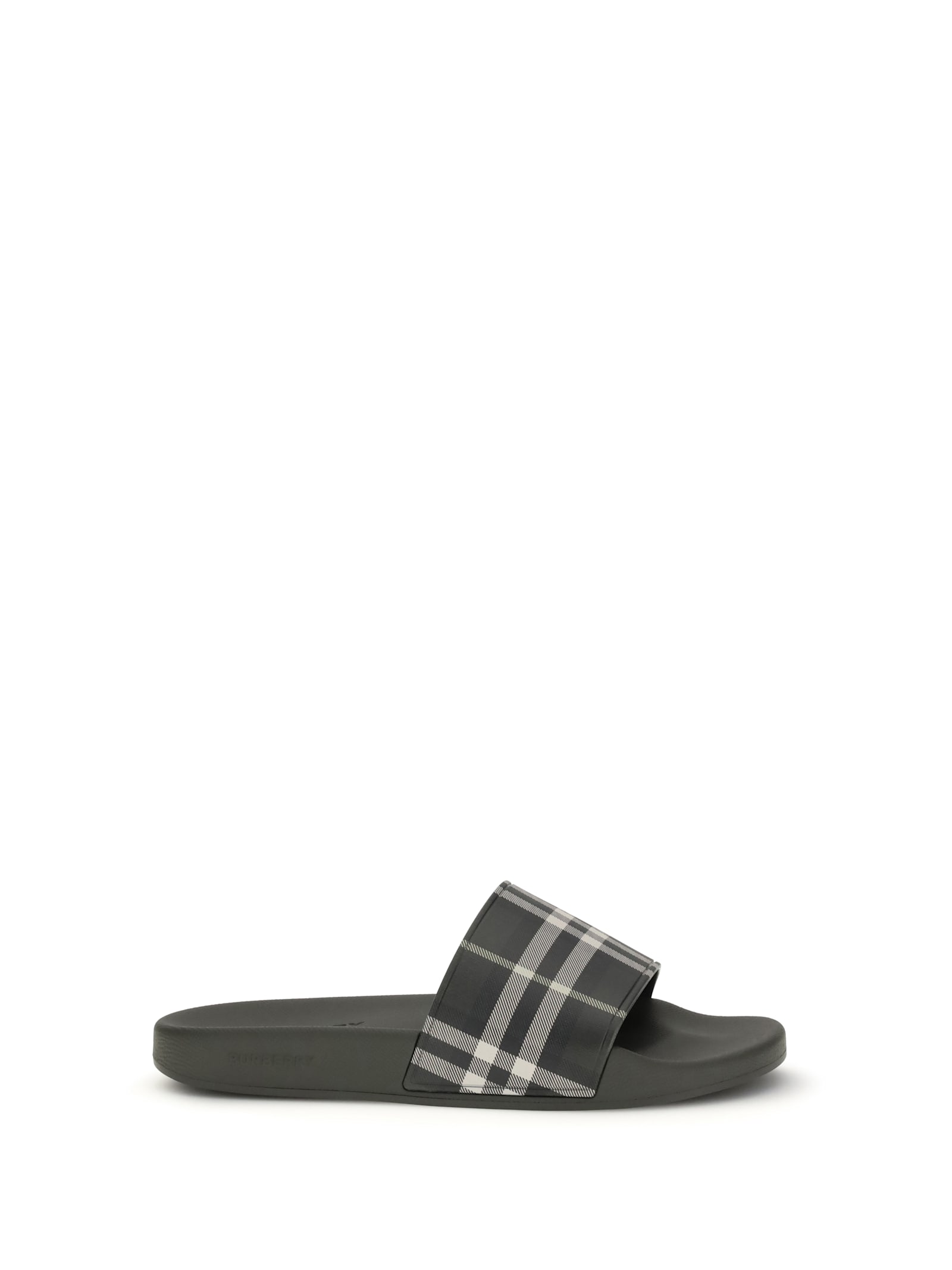 Burberry Men Dark Green Sandals With Check Motif On The Front In Rubber Man In Green