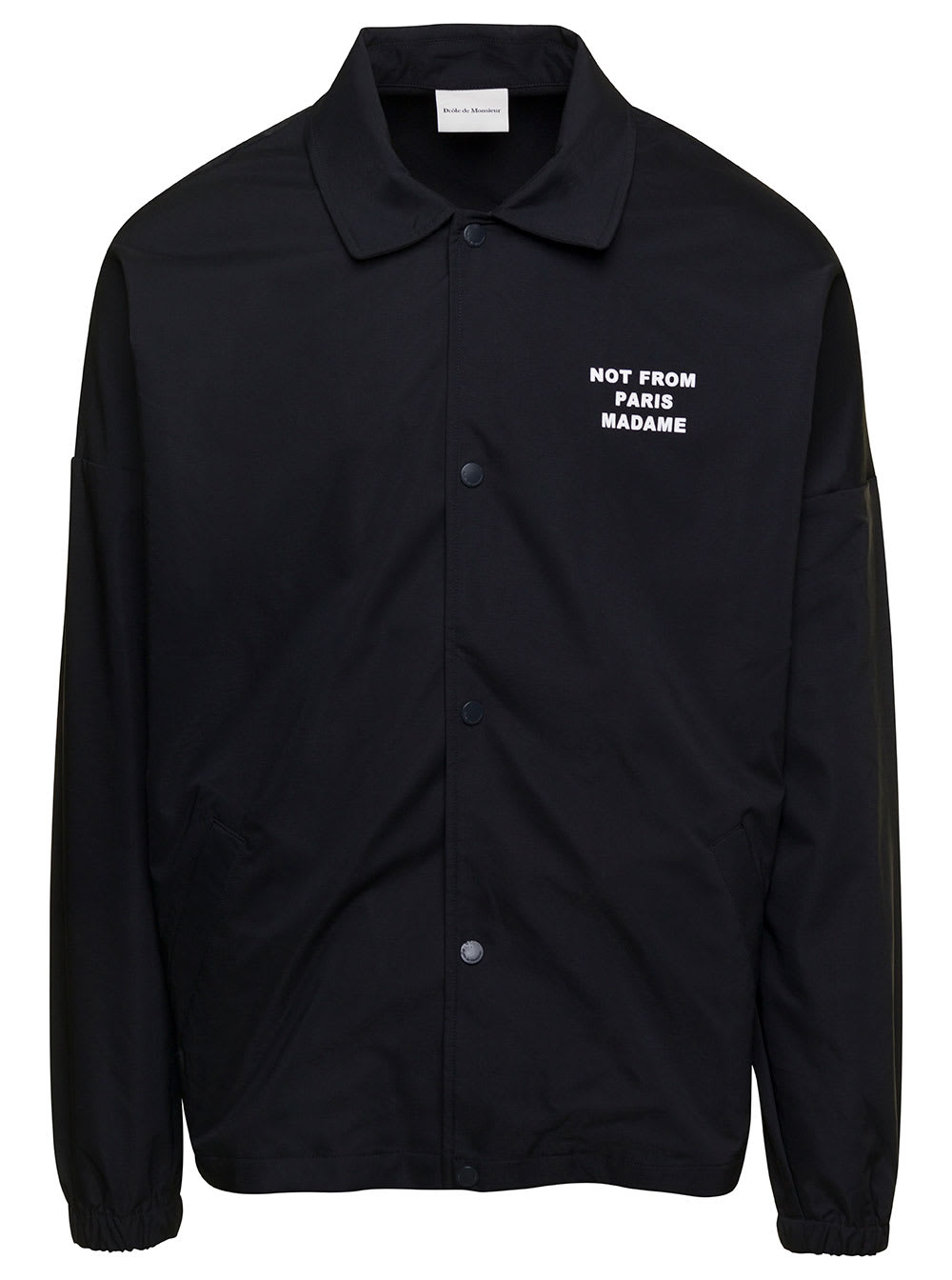 DRÔLE DE MONSIEUR BLACK JACKET WITH SLOGAN PRINT AT THE BACK AND AT THE FRONT IN NYLON MAN