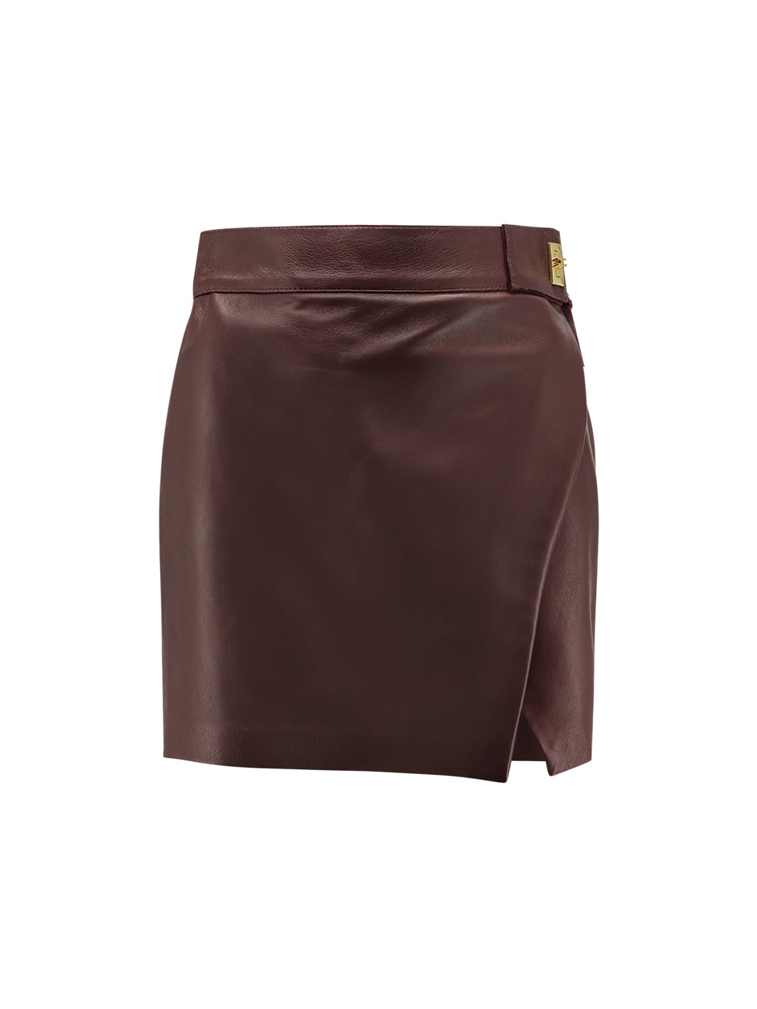 Elisabetta Franchi Leather Wrap Miniskirt Gold-tone Hardware In Brown