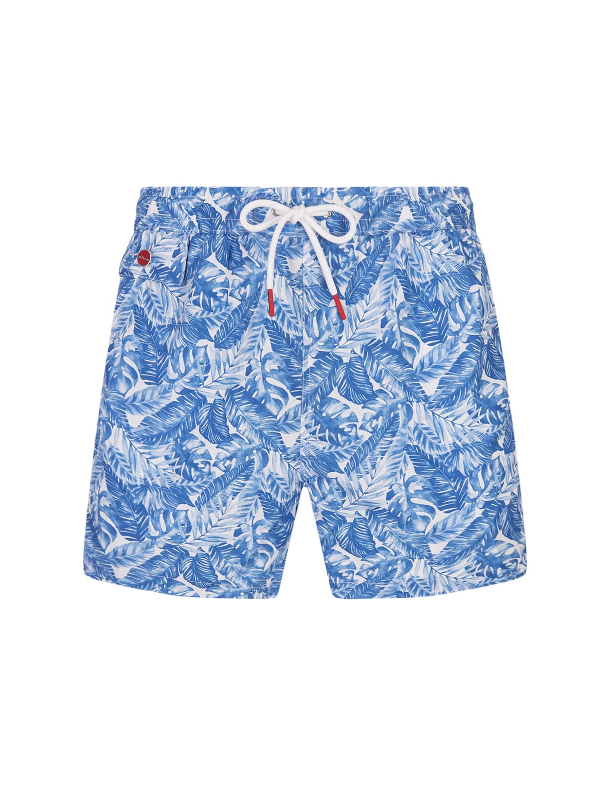 Shop Kiton White Swim Shorts With Light Blue Foliage Print