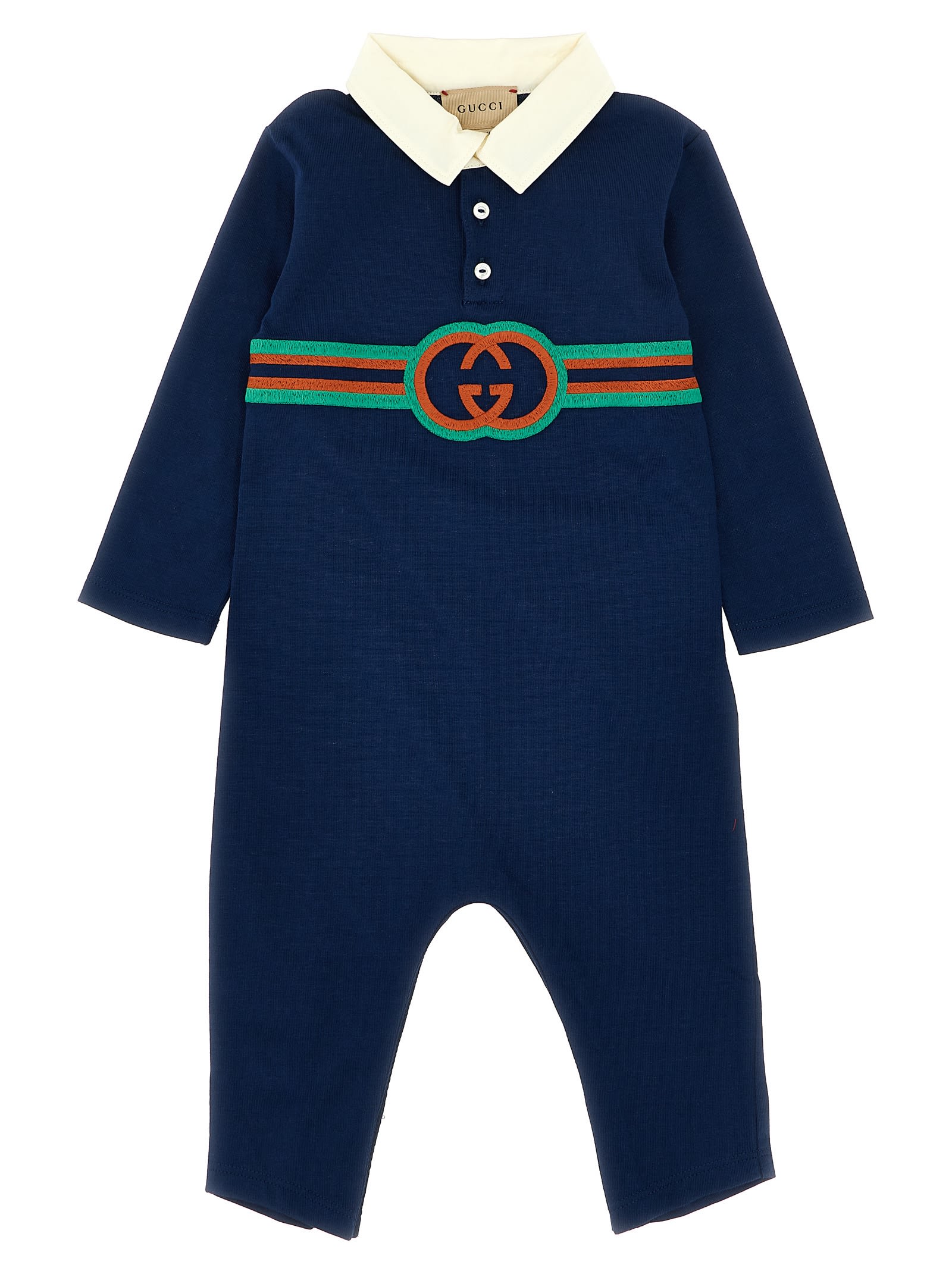 Shop Gucci Logo Embroidery Jumpsuit In Blue