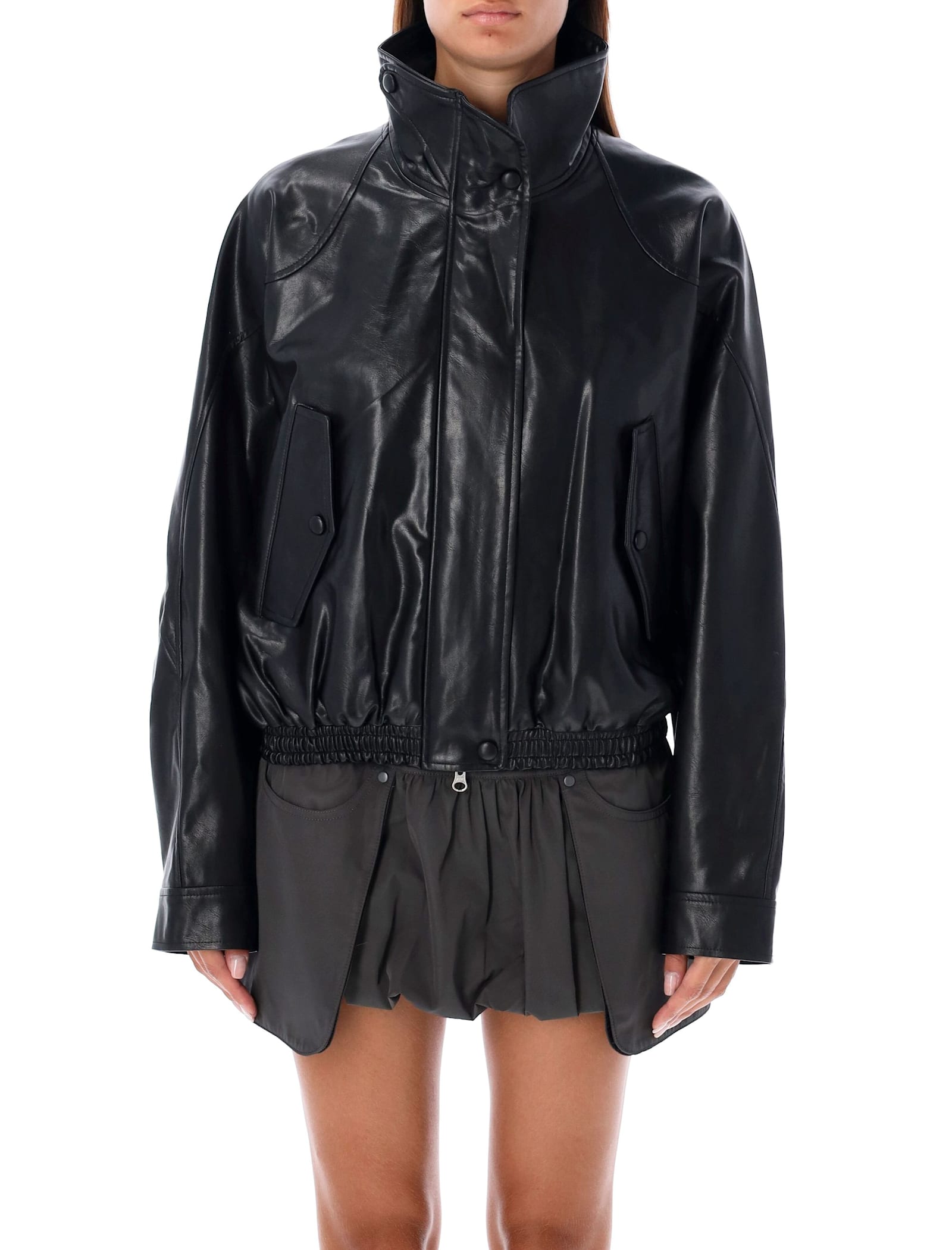 Shop Low Classic Faux Leather Bomber Jacket In Black