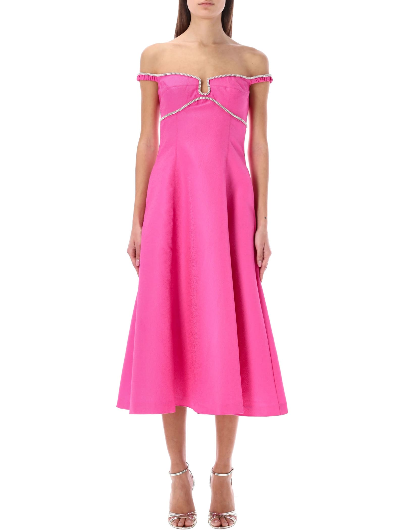 Self-portrait Fuchsia Flared Midi Dress With Bare Shoulders In Fuchsia