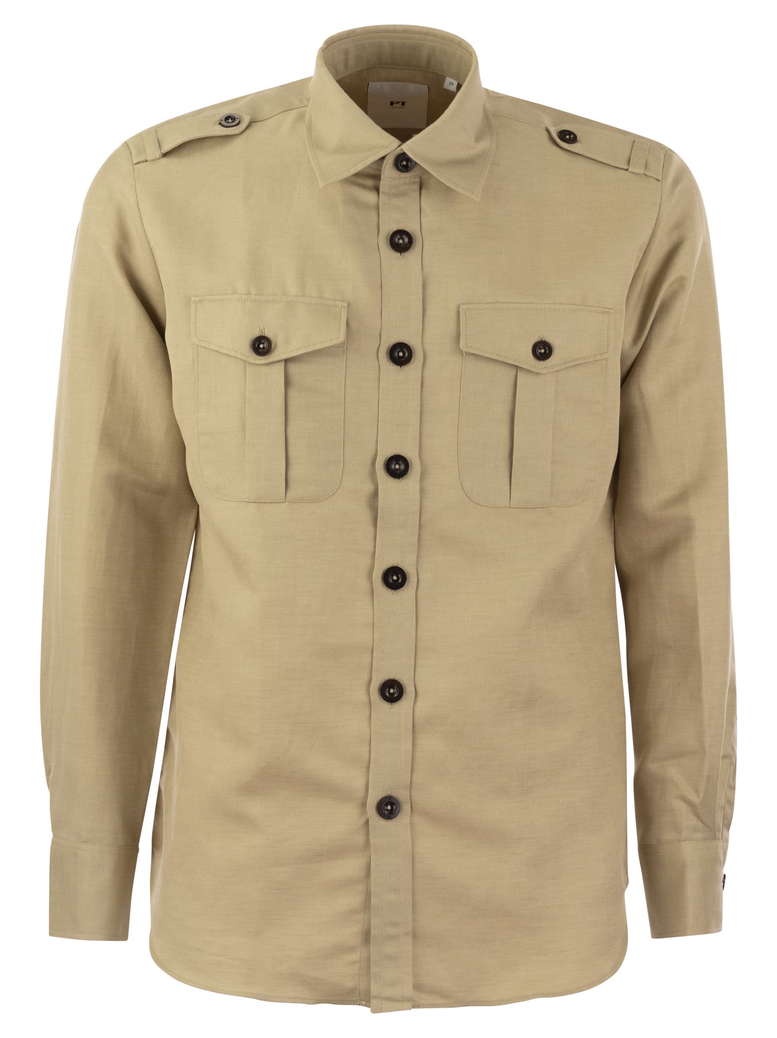 Pt01 Linen And Cotton Safari Shirt In Beige