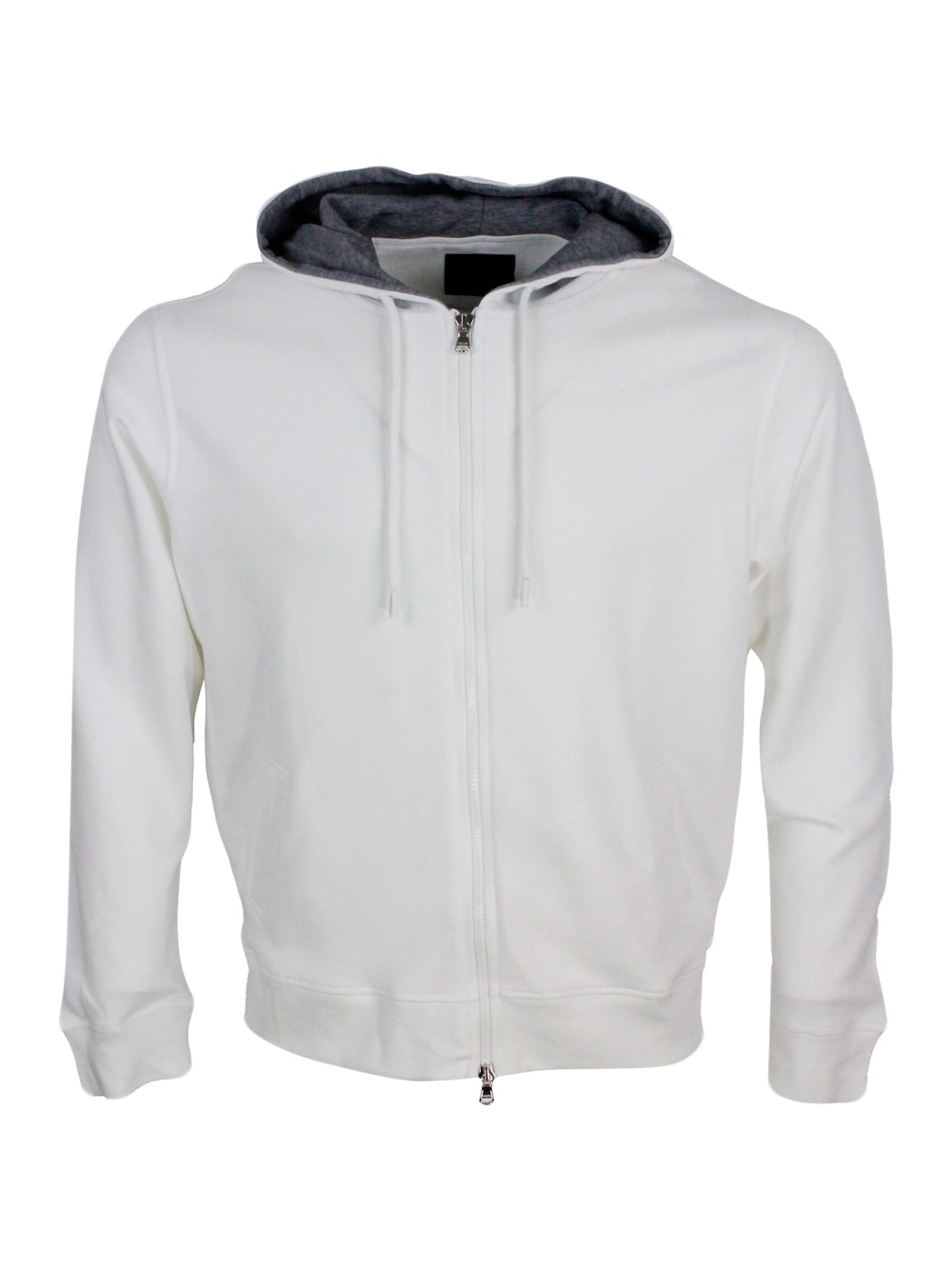 Barba Napoli Lightweight Stretch Cotton Sweatshirt With Hood With Contrasting Colour Interior And Zip Closure In White