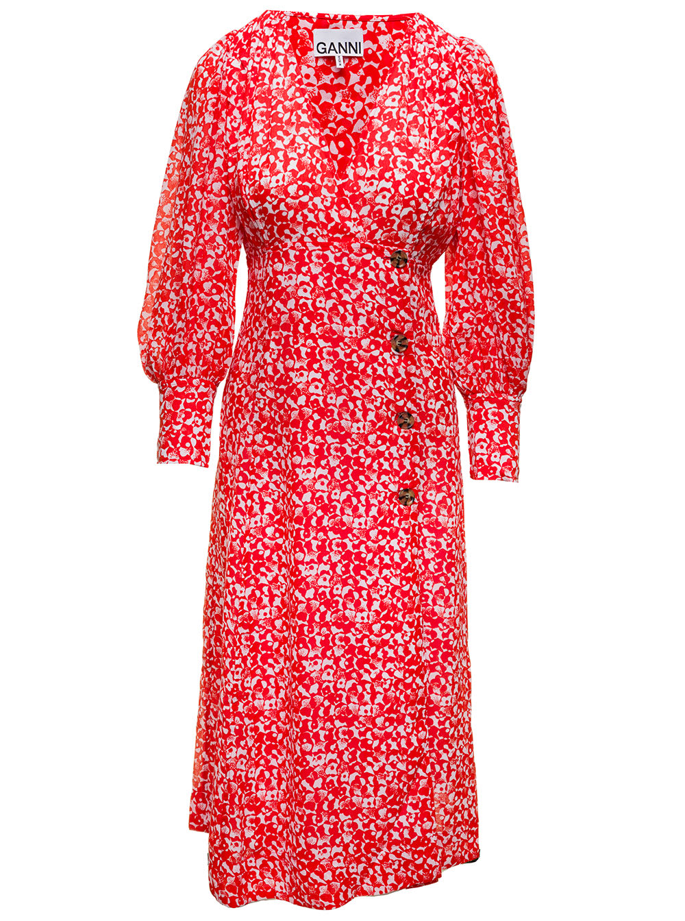 Ganni Womans Long Printed Crepe Dress With V-neck
