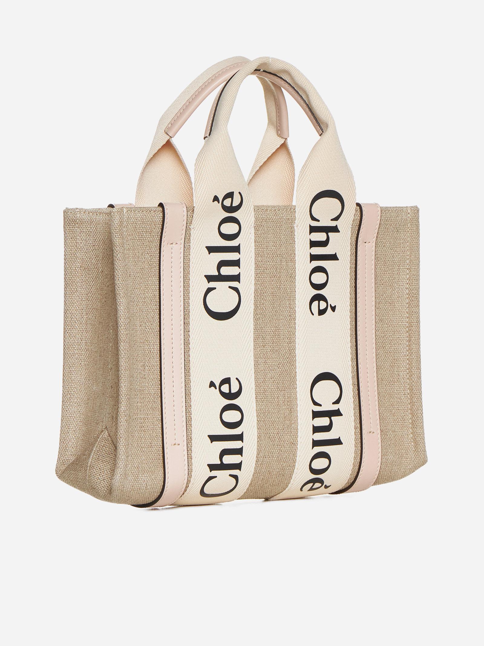 Shop Chloé Woody Linen Small Tote Bag In Beige/pink