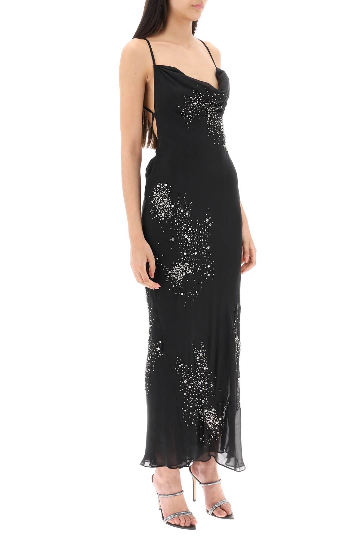 Shop Des Phemmes Silk Chiffon Maxi Dress With Crystal Appliques In Black (black)