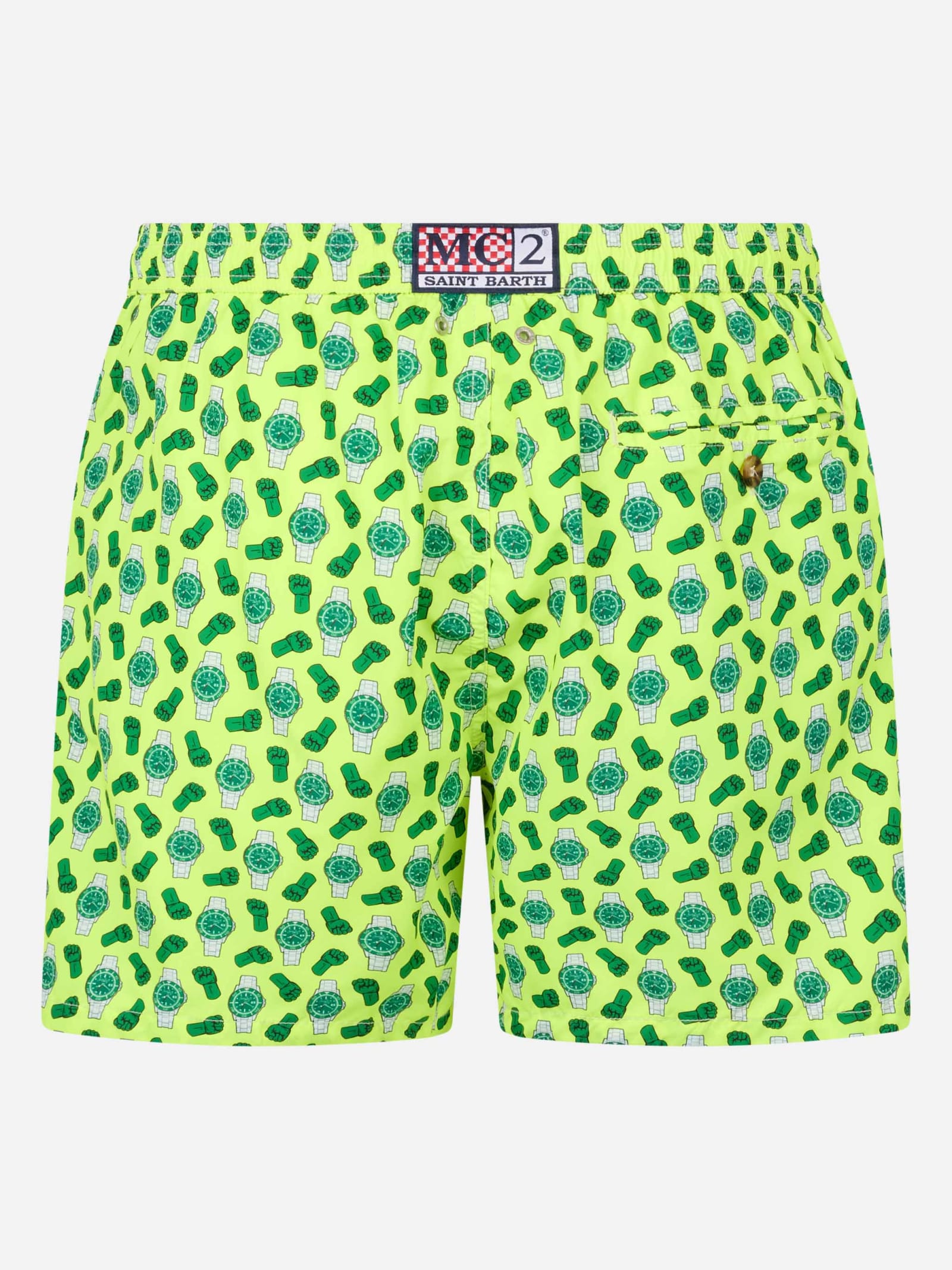 Shop Mc2 Saint Barth Man Lightweight Fabric Swim-shorts Lighting Micro Fantasy With Watches Print In Yellow