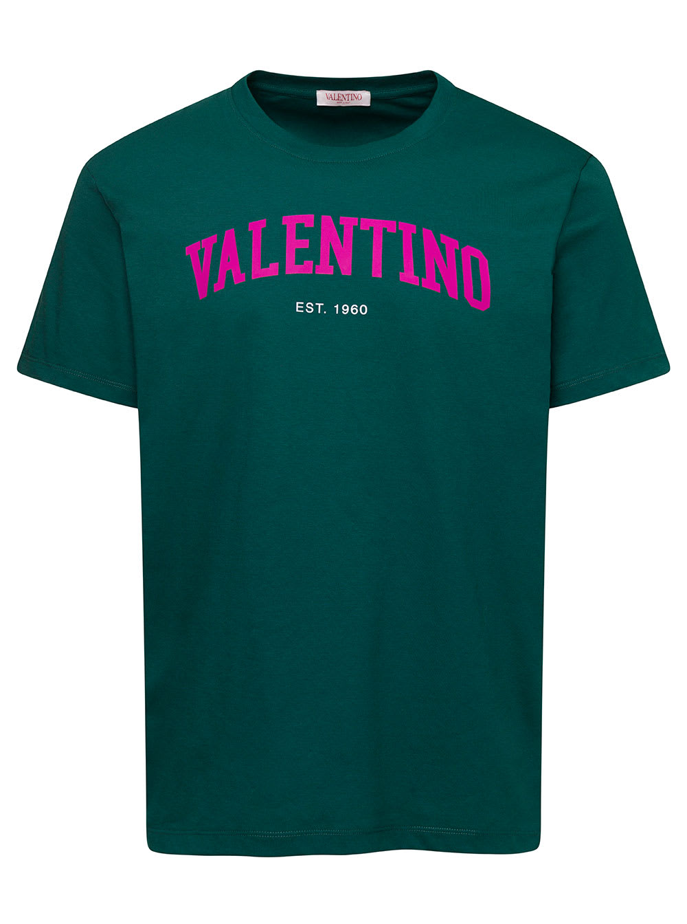 Valentino Green Crewneck T-shirt With Printed Logo On The Chest In Cotton Man