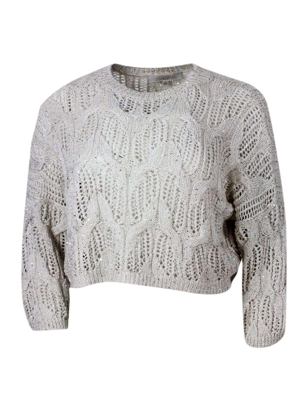 Long-sleeved Crew-neck Sweater With Braided Workmanship Embellished With Cotton And Linen Microsequins