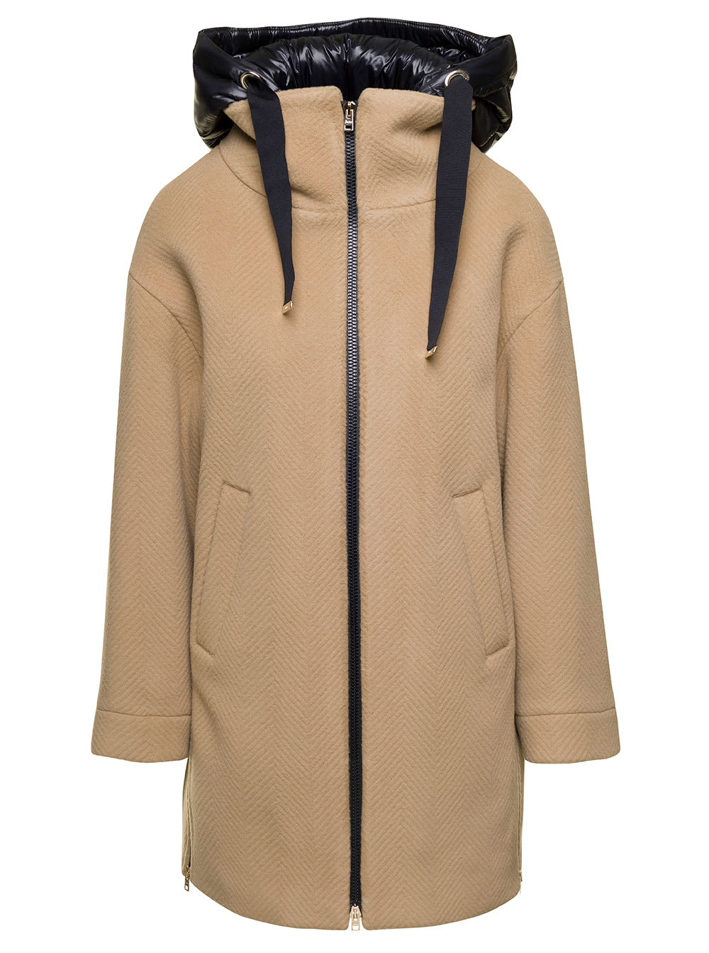 HERNO BROWN COAT WITH PADDED HOOD AND ZIP FASTENING IN WOOL WOMAN