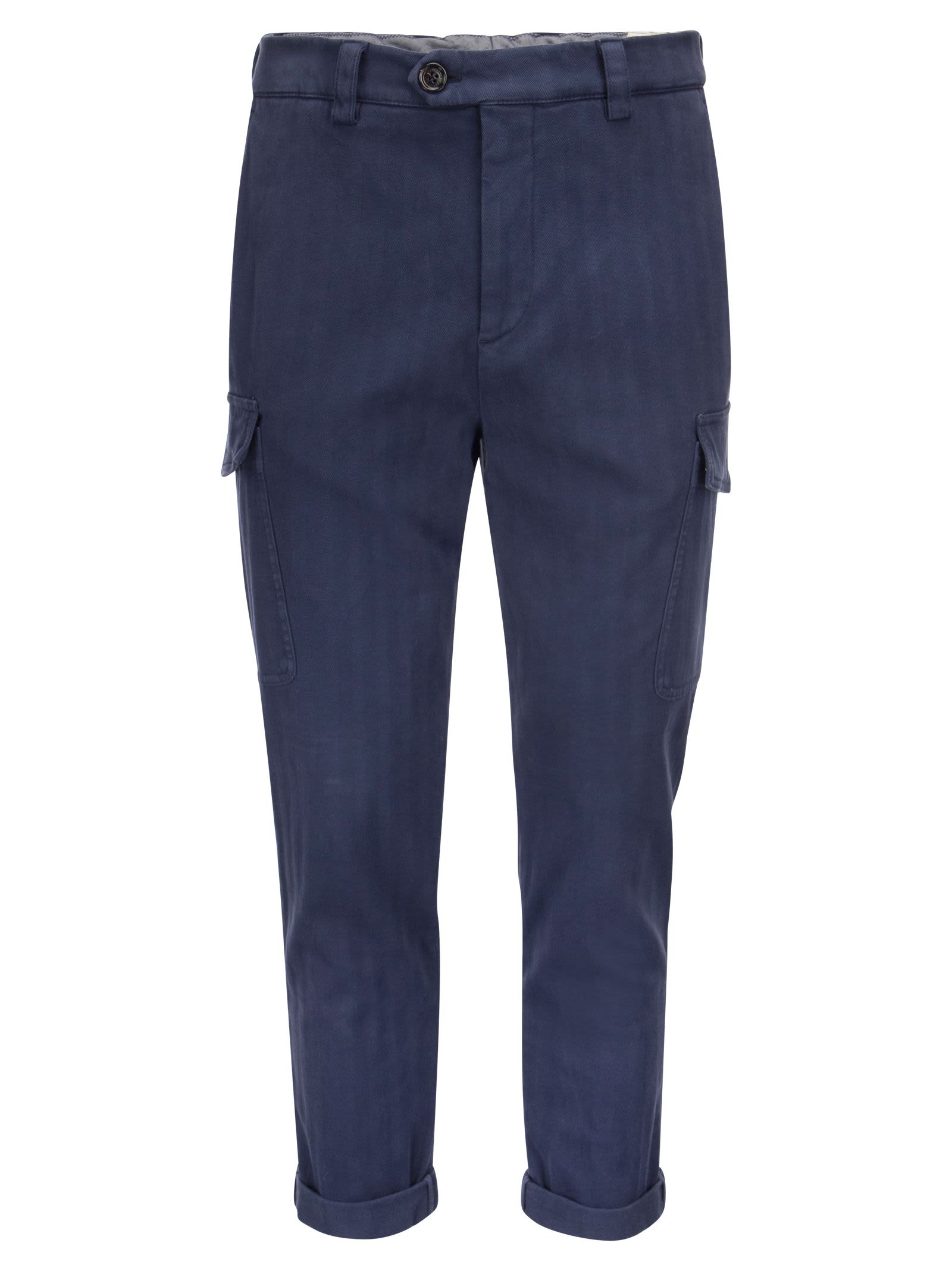 Brunello Cucinelli Garment-dyed Leisure Fit Trousers In Comfort Cotton Chevron With Cargo Pockets