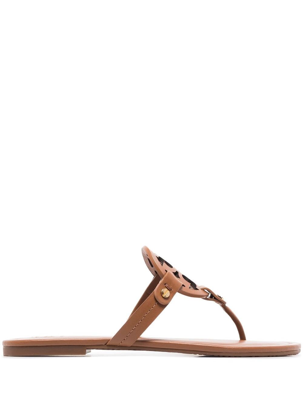 Shop Tory Burch Miller Brown Thong Sandal With Tonal Logo In Leather Woman