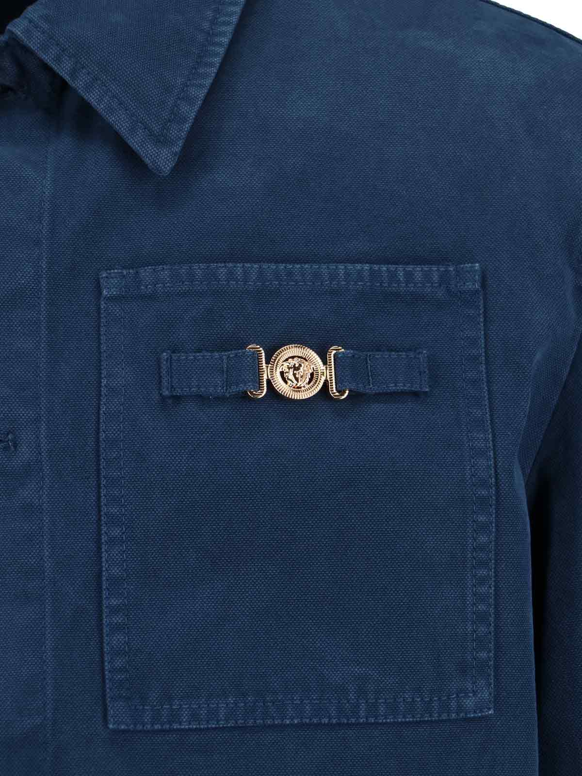 Versace Collared Jacket Front Pockets Gold Tone Hardware In Blue