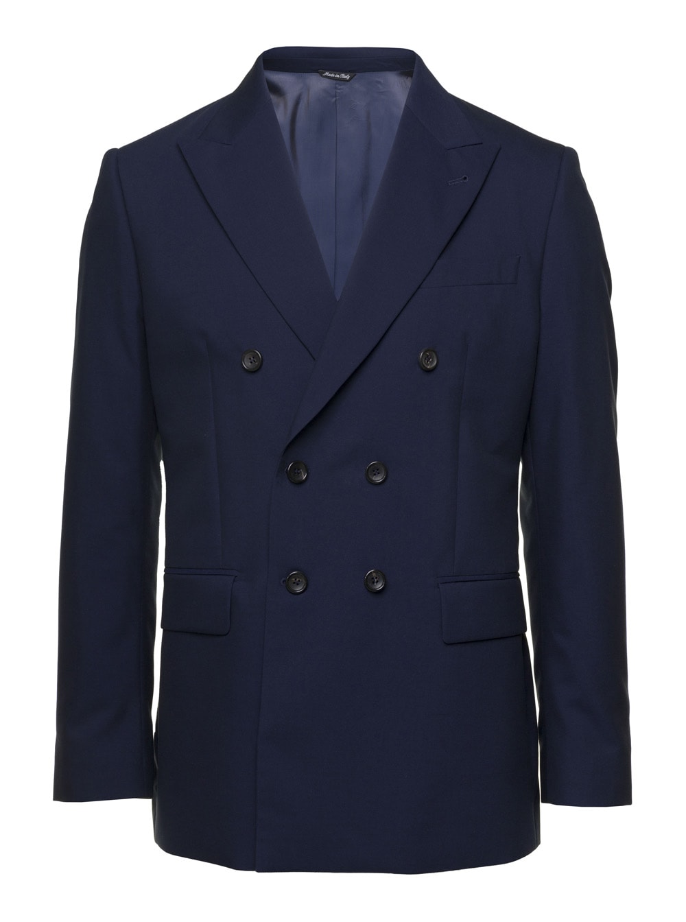 Blue Double-breasted Blazer With Pointed Reverses In Wool And Cotton Blend Man