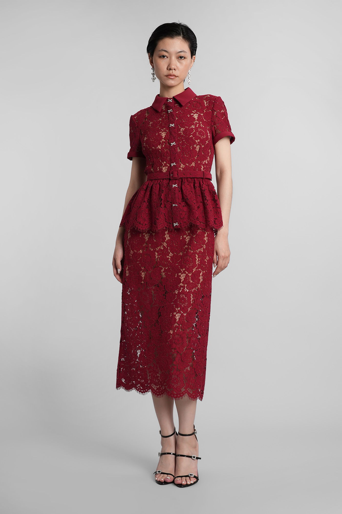 Self-portrait Bordeaux Lace Peplum Midi Dress In Burgundy