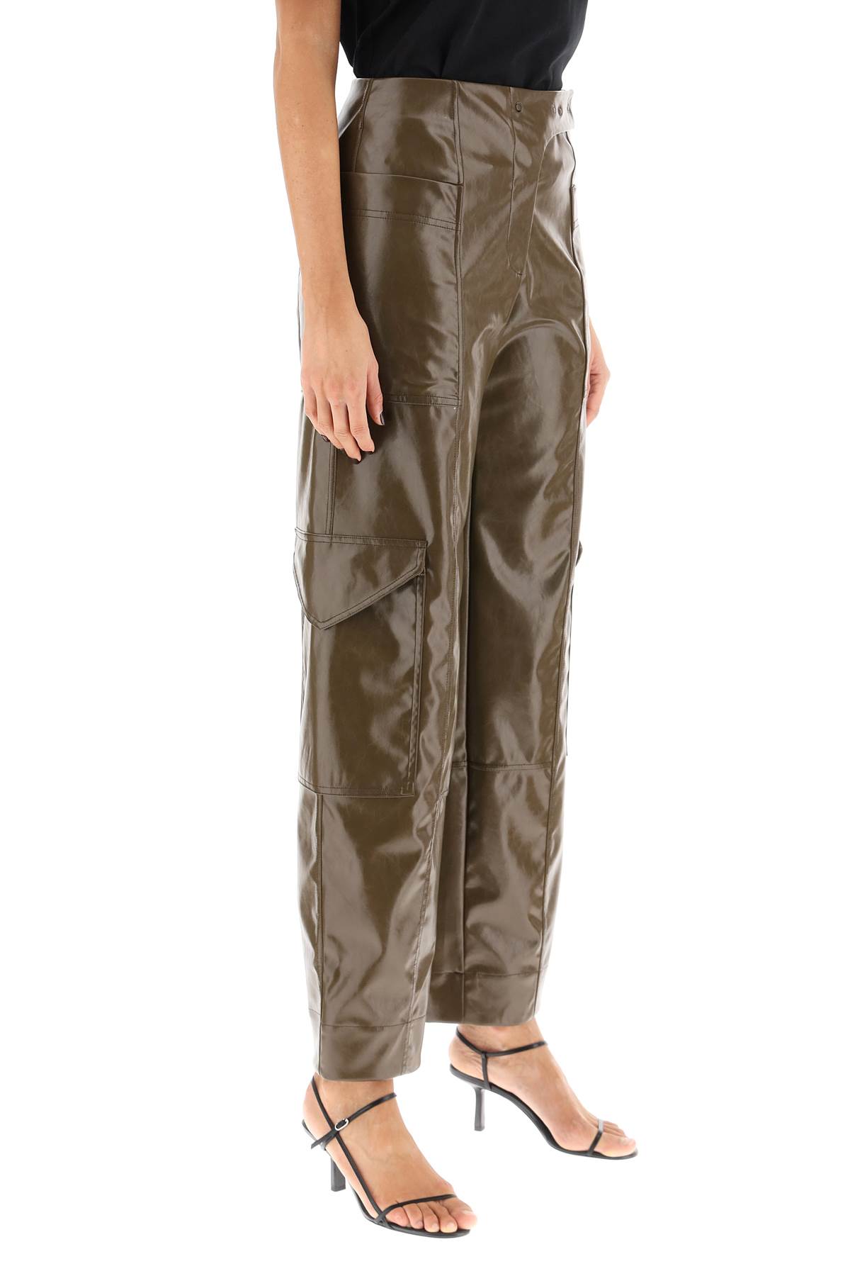 Shop Ganni Faux Leather Cargo Pants In Teak (brown)