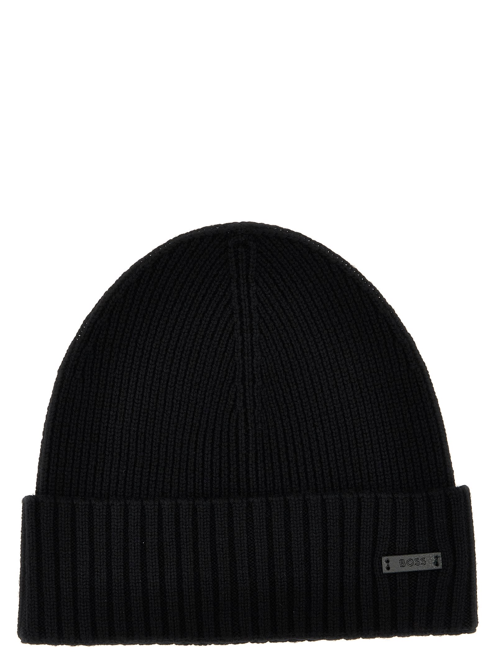 Hugo Boss Ribbed Beanie Hat In Responsible Virgin Wool In Black