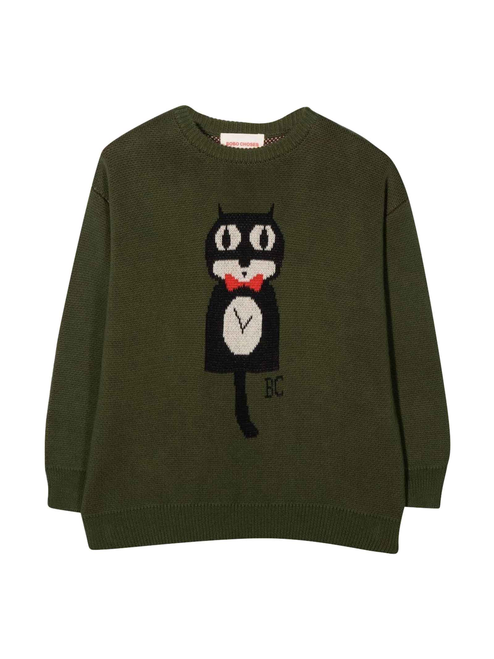 Bobo Choses Kids' Cat O'clock Knit Sweater Moss Green