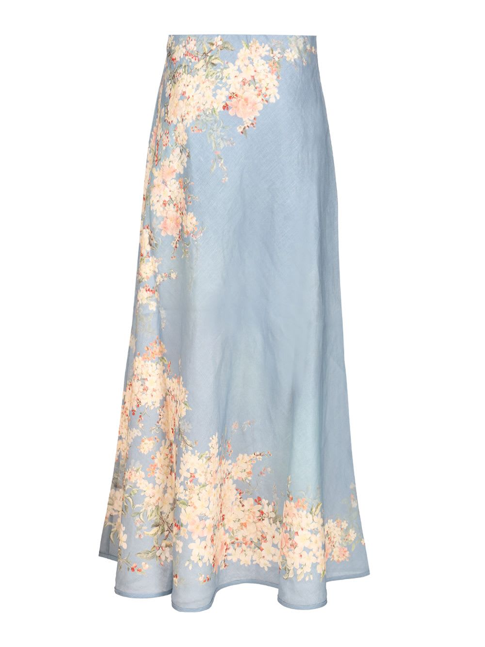 Zimmermann Womens Teal Blue Botanical Cascadian Bias Floral Linen Midi Skirt In Blue