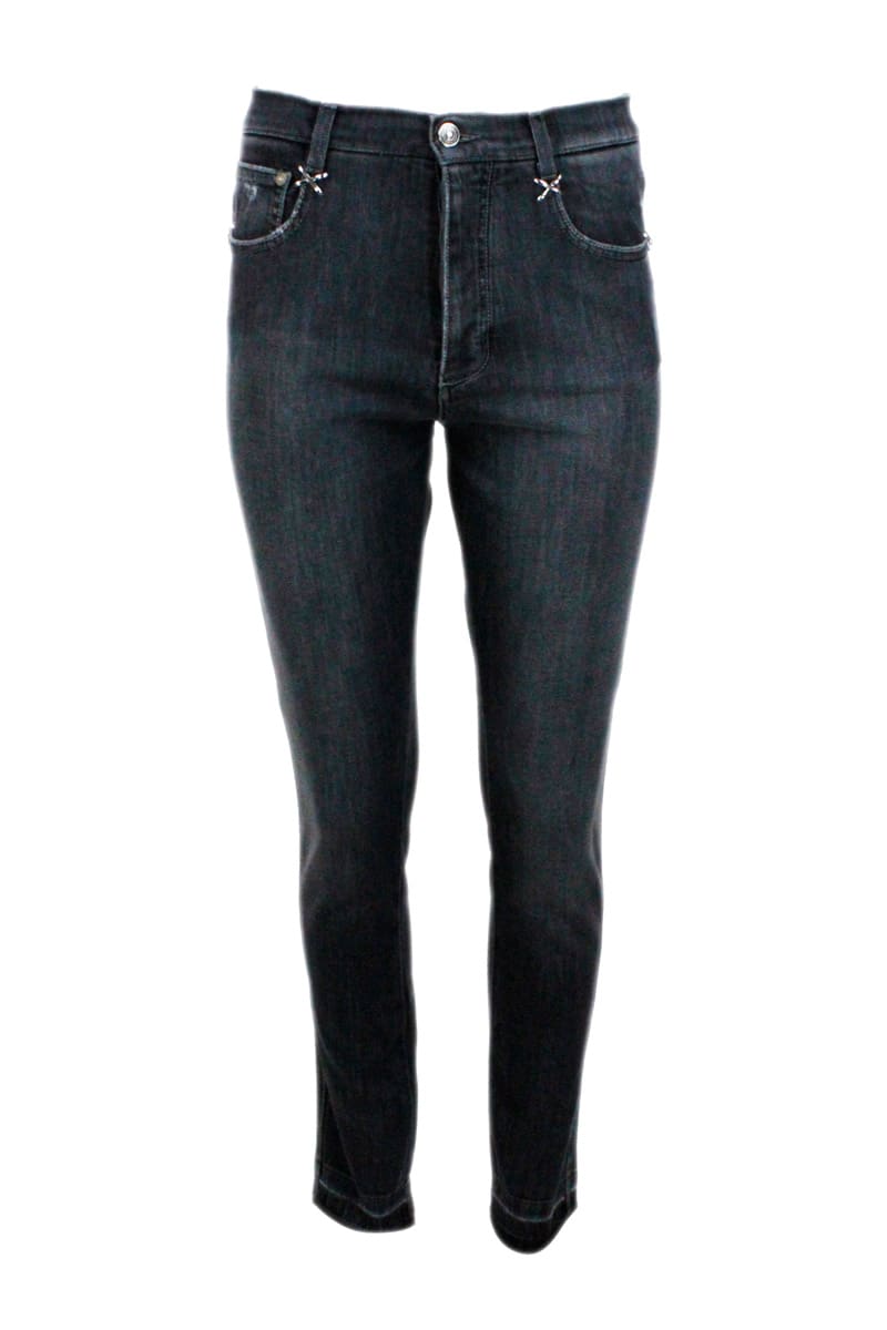 Ermanno Scervino 5-pocket Denim Jeans In Gray With Contrasting Stitching And Jewel Applications On The Pockets. Fringed Bottom