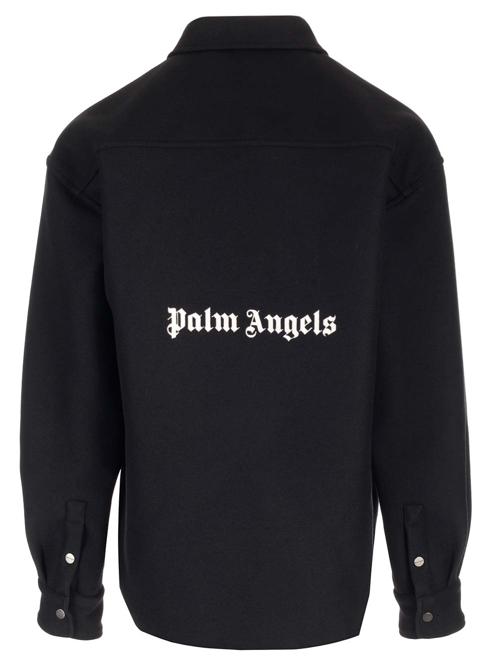 Shop Palm Angels Black Wool Overshirt With Logos In Nero/bianco