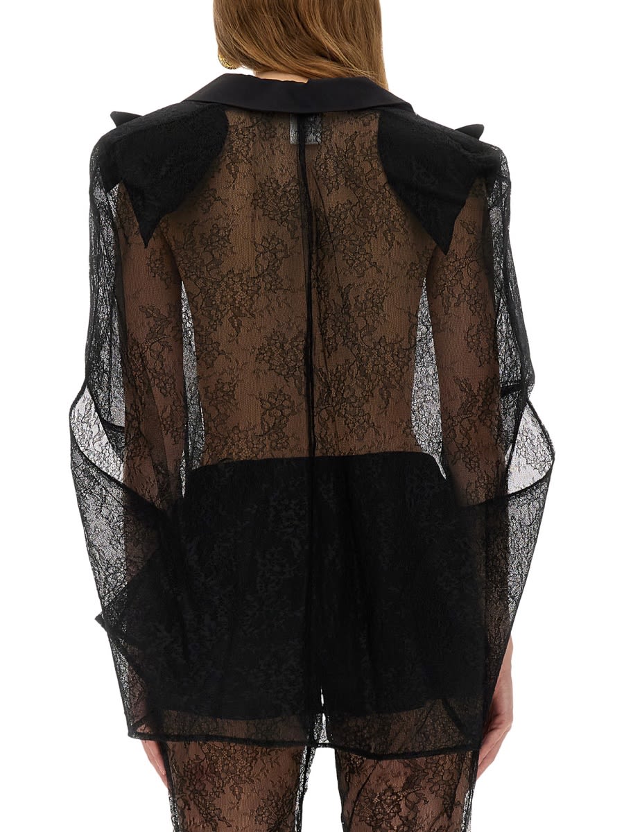 Nina Ricci Sheer Lace Deep V-neck Long Sleeve Top In Black