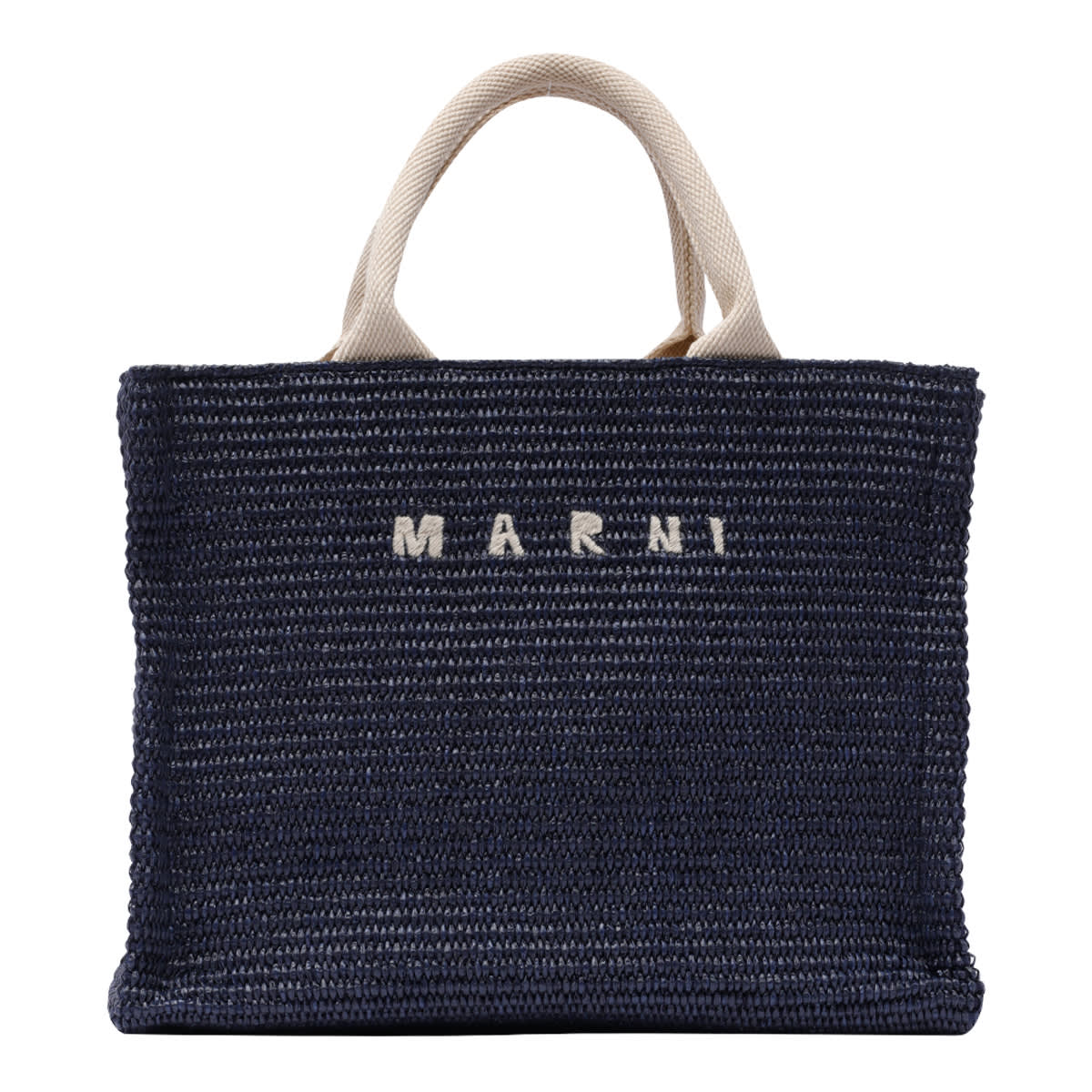 Shop Marni Small Rafia Effect Logo Tote Bag In Blue