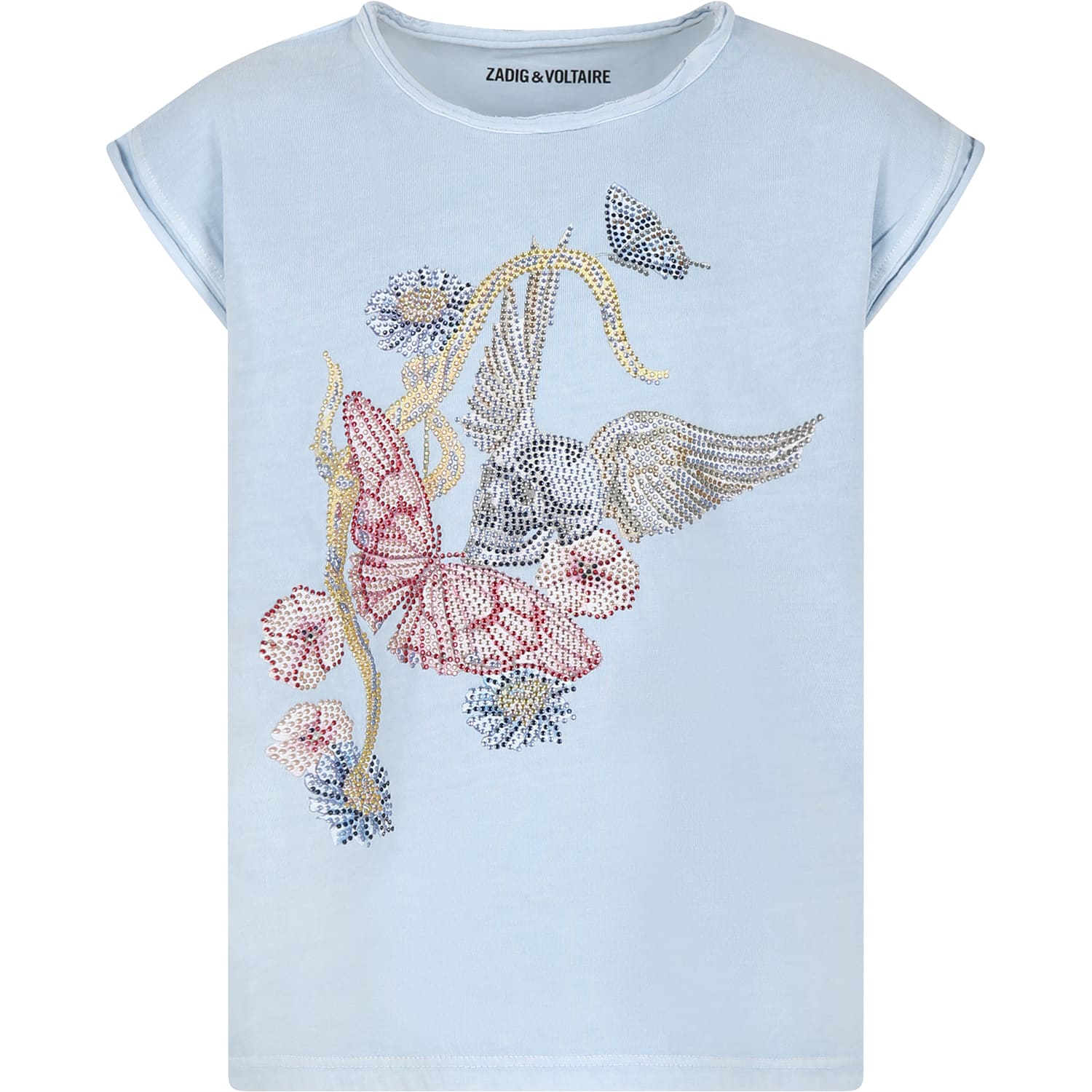 Shop Zadig &amp; Voltaire Light Blue T-shirt For Girl With Skull And Butterfly