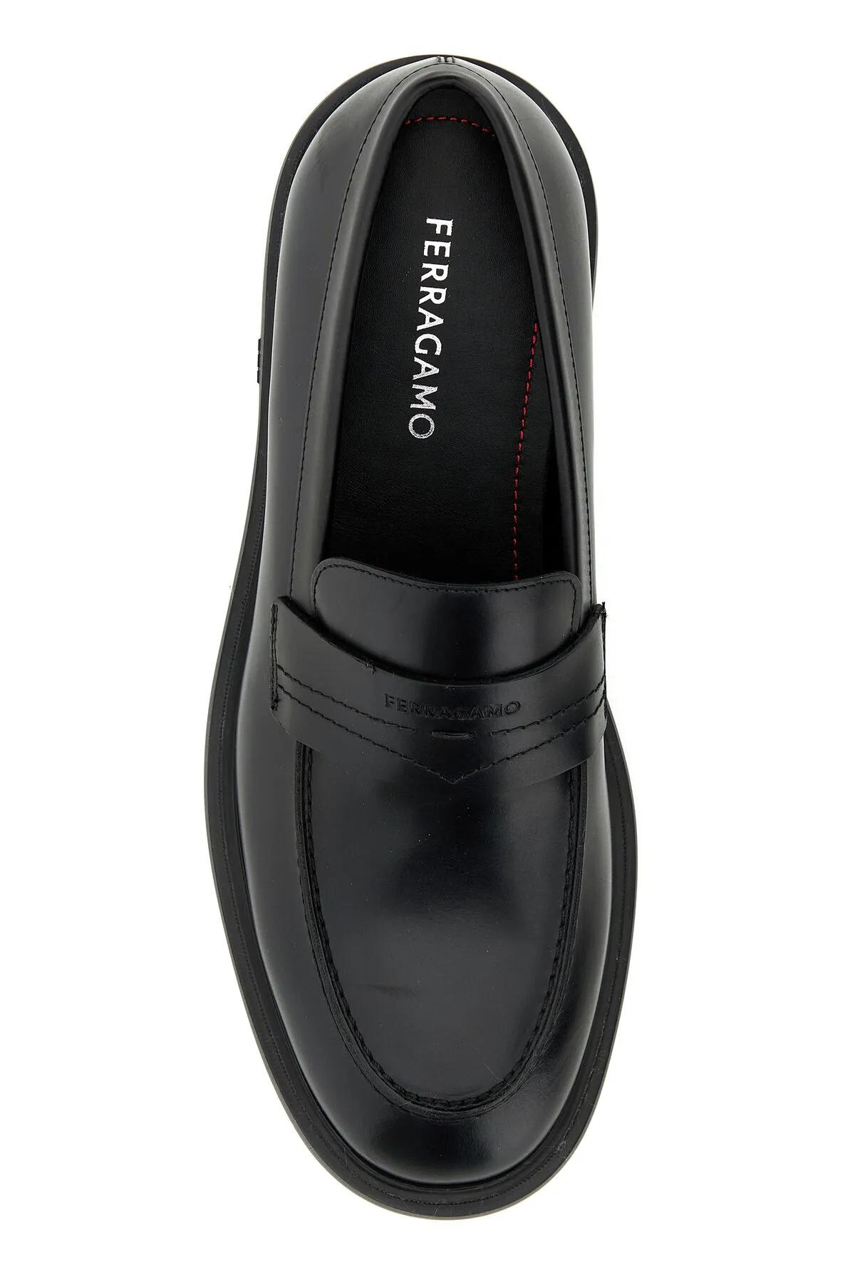 Shop Ferragamo Black Leather Caligola Loafers