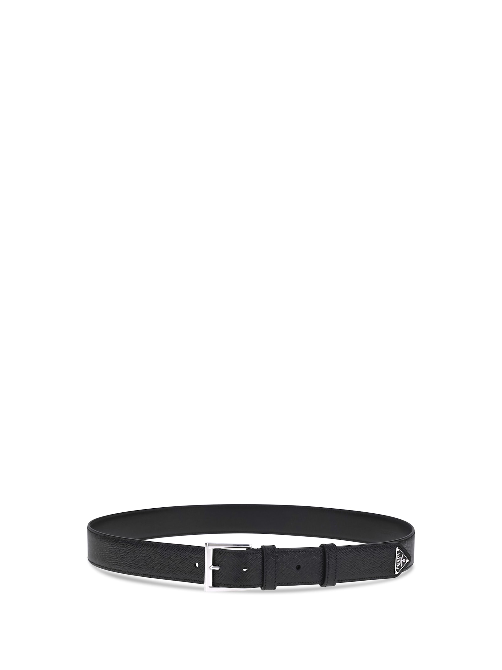 Prada Men Cintura In Pelle Saffiano Con Triangolo Logo In Black