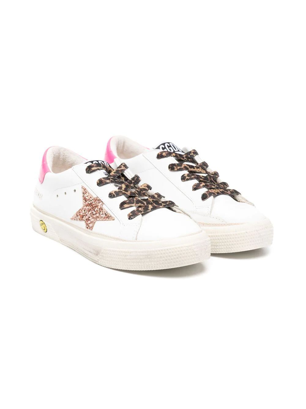 GOLDEN GOOSE KID WHITE SUPER-STAR SNEAKERS WITH FUCHSIA SPOILER, LEOPARD LACES AND PINK GLITTER STAR,GYF00112 F00116610517