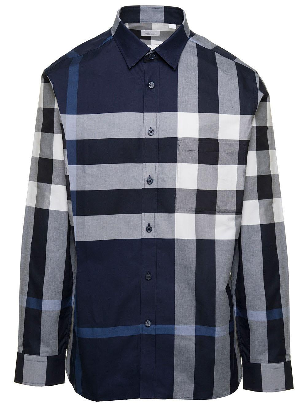 BURBERRY BLUE AND WHITE SHIRT WITH ALL-OVER VINTAGE CHECK MOTIF IN COTTON MAN