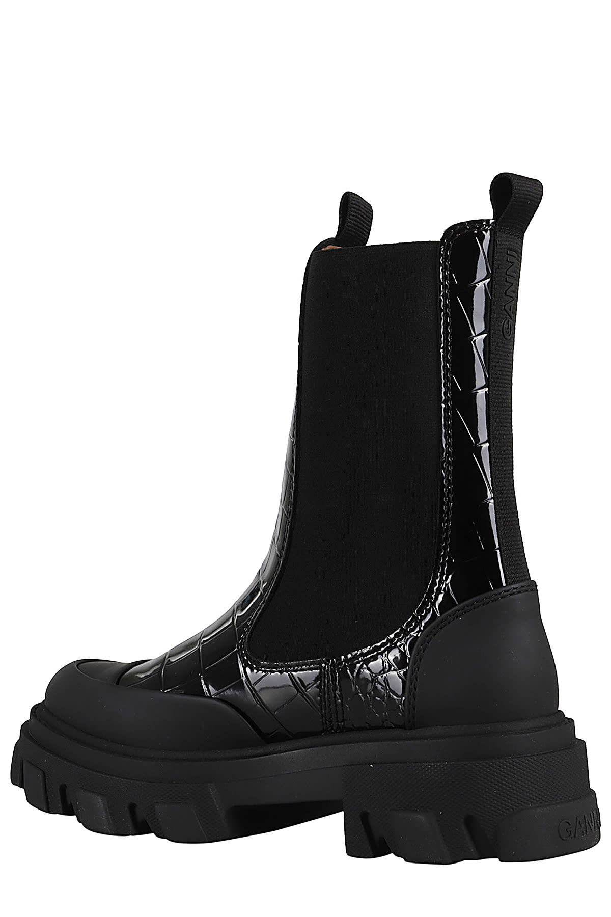 Shop Ganni Cleated Mid Chelsea Boot Naplack Croco In Black