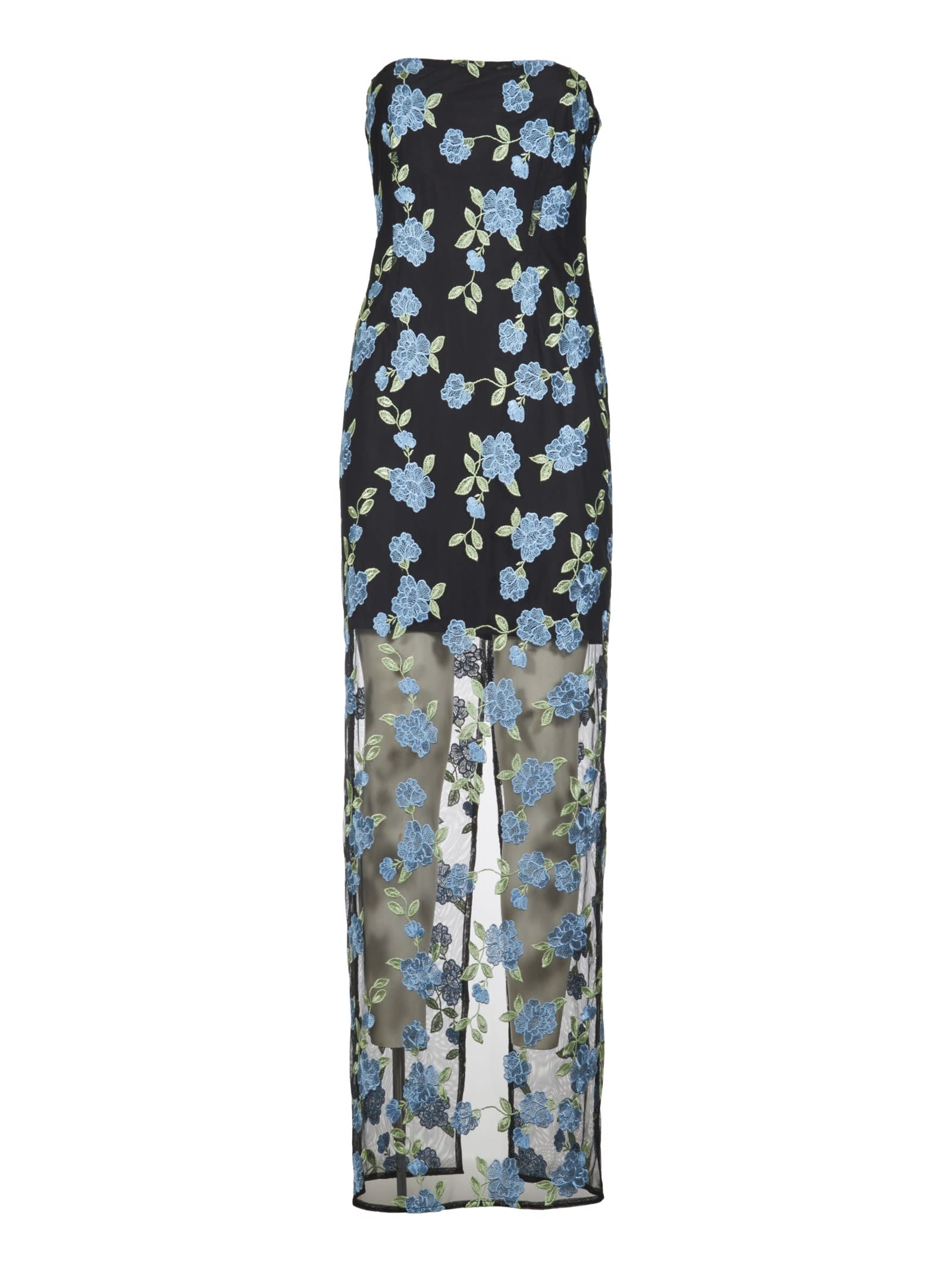 Rotate Birger Christensen Long Dress With All-over Floral Motif And Semi Sheer Lower Part In Tech Fabric In Black Comb
