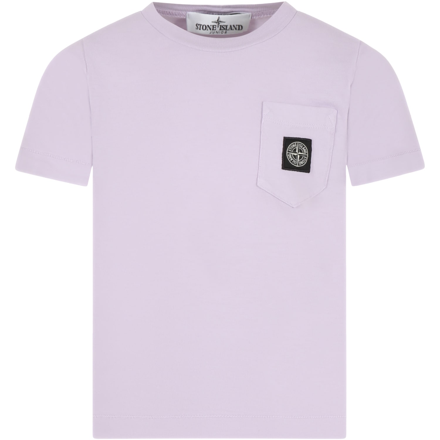 STONE ISLAND JUNIOR PURPLE T-SHIRT FOR BOY WITH LOGO PATCH