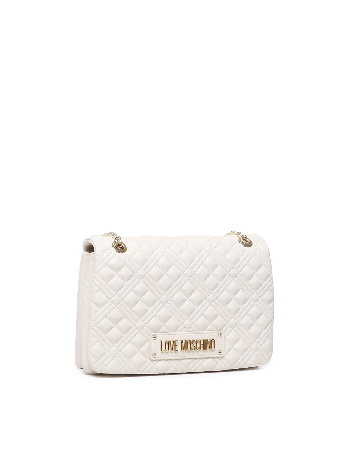 Shop Love Moschino Quilted Bag With Logo Plaque In White