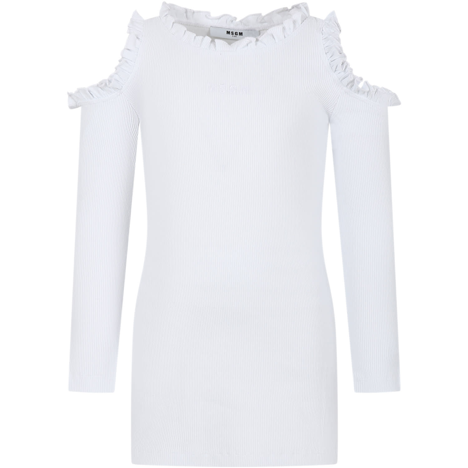 Msgm Kids' White Dress For Girl With Ruffles