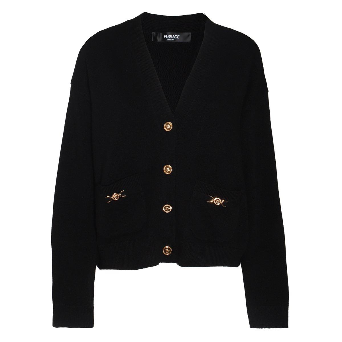 Shop Versace Button-up V-neck Cardigan In Nero