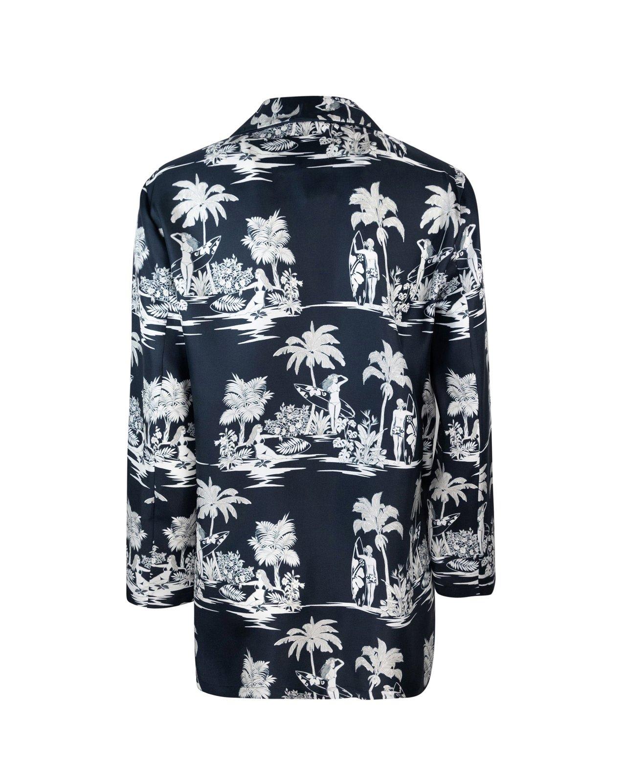 Max Mara Tropical Print Silk Jacket With Classic Collar In Blue